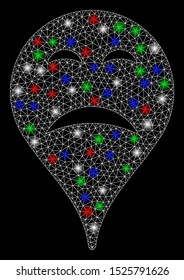 Bright mesh sadness smiley map marker with lightspot effect. White wire frame polygonal mesh in vector format on a black background. Abstract 2d mesh built from polygonal grid, spheric points,