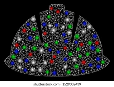 Bright mesh safety helmet with glare effect. White wire frame polygonal mesh in vector format on a black background. Abstract 2d mesh designed with polygonal grid, round dots, colorful glare spots.