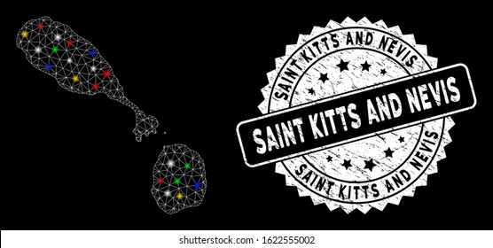 Bright mesh Saint Kitts and Nevis map with lightspot effect, and rubber print. Wire frame triangular Saint Kitts and Nevis map mesh in vector format on a black background.
