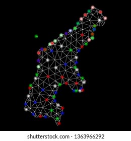 Bright mesh Saipan Island map with lightspot effect. Wire carcass triangular mesh in vector format on a black background. Abstract 2d mesh designed with triangular lines, dots, colorful light spots.