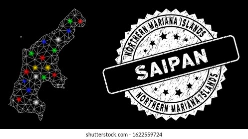 Bright mesh Saipan Island map with lightspot effect, and seal. Wire frame triangular Saipan Island map mesh in vector format on a black background. White round seal stamp with distress texture.