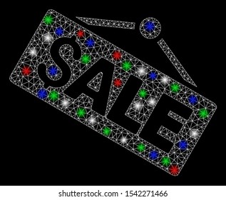 Bright mesh sale signboard with glare effect. White wire frame polygonal network in vector format on a black background. Abstract 2d mesh designed with triangles, points, colorful glare spots.