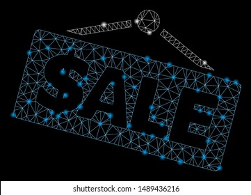 Bright mesh sale signboard with glow effect. Abstract illuminated model of sale signboard icon. Shiny wire frame triangular mesh sale signboard. Vector abstraction on a black background.