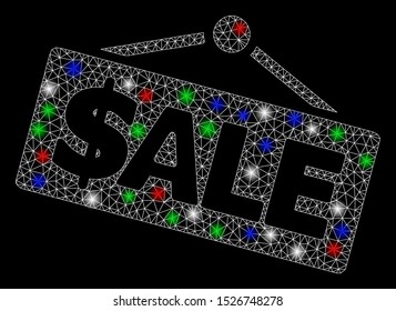 Bright mesh sale signboard with lightspot effect. White wire carcass polygonal mesh in vector format on a black background. Abstract 2d mesh designed with polygonal grid, points, colorful light spots.