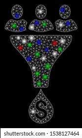 Bright mesh sales funnel with glare effect. White wire carcass triangular mesh in vector format on a black background. Abstract 2d mesh designed with polygonal grid, small circle,