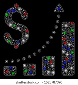 Bright mesh sales growth with glow effect. White wire frame polygonal mesh in vector format on a black background. Abstract 2d mesh designed with polygonal grid, round dots, colored flare spots.