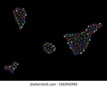 Bright mesh Santa Cruz de Tenerife Province map with lightspot effect. Wire frame triangular mesh in vector format on a black background. Abstract 2d mesh built from triangular lines, spheric points,