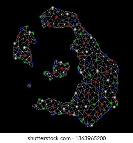 Bright mesh Santorini Island map with glow effect. Wire carcass polygonal mesh in vector format on a black background. Abstract 2d mesh designed with triangles, dots, colored flare spots.