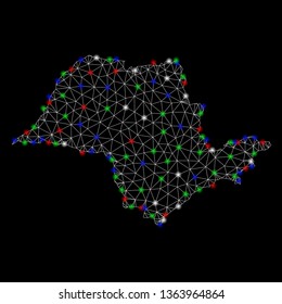Bright mesh Sao Paulo State map with lightspot effect. Wire carcass polygonal mesh in vector format on a black background. Abstract 2d mesh designed with polygonal grid, spheric points,