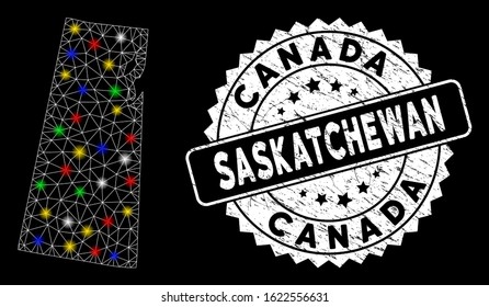 Bright mesh Saskatchewan Province map with lightspot effect, and seal. Wire carcass triangular Saskatchewan Province map mesh in vector format on a black background.