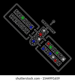 Bright mesh satellite with glow effect. White wire frame polygonal mesh in vector format on a black background. Abstract 2d mesh built from polygonal grid, small circle, colored light spots.