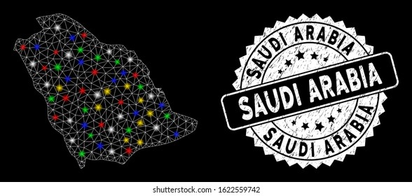 Bright mesh Saudi Arabia map with glare effect, and watermark. Wire frame polygonal Saudi Arabia map mesh in vector format on a black background. White round watermark with corroded texture.
