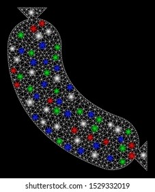 Bright mesh sausage with glare effect. White wire carcass polygonal mesh in vector format on a black background. Abstract 2d mesh created from polygonal grid, round dots, colored glare spots.