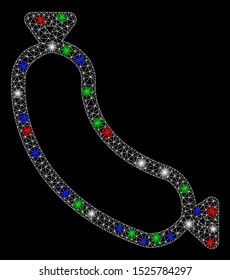 Bright mesh sausage with glow effect. White wire frame triangular mesh in vector format on a black background. Abstract 2d mesh designed with triangular lines, dots, colorful flash spots.