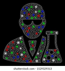 Bright mesh scientist with flask with glare effect. White wire frame triangular mesh in vector format on a black background. Abstract 2d mesh built from triangular lines, spheric points,