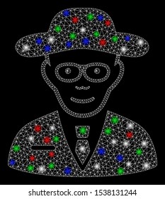 Bright mesh scientist with glow effect. White wire frame polygonal mesh in vector format on a black background. Abstract 2d mesh designed with polygonal grid, spheric points, colored glare spots.