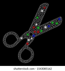 Bright mesh scissors with glare effect. White wire carcass polygonal mesh in vector format on a black background. Abstract 2d mesh built from polygonal grid, spheric points, colored glare spots.