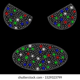 Bright mesh scream smiley with glow effect. White wire carcass polygonal mesh in vector format on a black background. Abstract 2d mesh designed with polygonal grid, dots, colored flash spots.