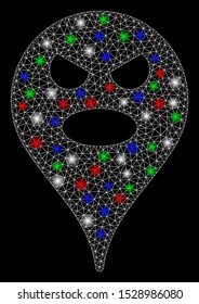 Bright mesh scream smiley map marker with glare effect. White wire frame polygonal mesh in vector format on a black background. Abstract 2d mesh designed with polygonal grid, dots,