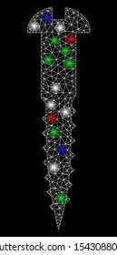 Bright mesh screw with glow effect. White wire carcass polygonal mesh in vector format on a black background. Abstract 2d mesh designed with triangles, round dots, colored glare spots.