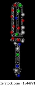 Bright mesh screwdriver with glare effect. White wire frame triangular mesh in vector format on a black background. Abstract 2d mesh designed with triangular lines, round dots, colorful flash spots.