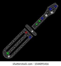 Bright mesh screwdriver with glow effect. White wire carcass polygonal network in vector format on a black background. Abstract 2d mesh designed with polygonal grid, round dots, colored flare spots.