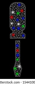 Bright mesh screwdriver with lightspot effect. White wire frame polygonal mesh in vector format on a black background. Abstract 2d mesh designed with triangles, points, colorful flare spots.
