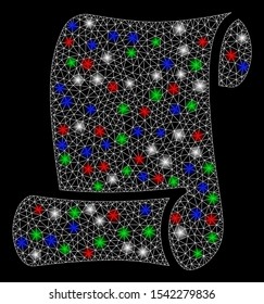 Bright mesh script with glow effect. White wire frame polygonal mesh in vector format on a black background. Abstract 2d mesh designed with polygonal grid, spheric points, colorful light spots.