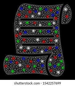 Bright mesh script roll with glare effect. White wire frame polygonal mesh in vector format on a black background. Abstract 2d mesh designed with triangles, dots, colorful light spots.