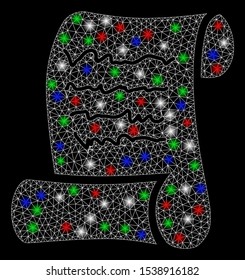 Bright mesh script roll with glow effect. White wire frame triangular mesh in vector format on a black background. Abstract 2d mesh designed with triangular lines, round dots, colored flare spots.