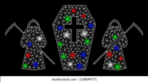 Bright mesh scytheman coffin guard with lightspot effect. White wire carcass polygonal mesh in vector format on a black background. Abstract 2d mesh designed with polygonal grid, small circle,