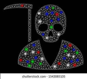 Bright mesh scytheman with glow effect. White wire frame triangular mesh in vector format on a black background. Abstract 2d mesh created from triangular lines, small circle, colored flare spots.