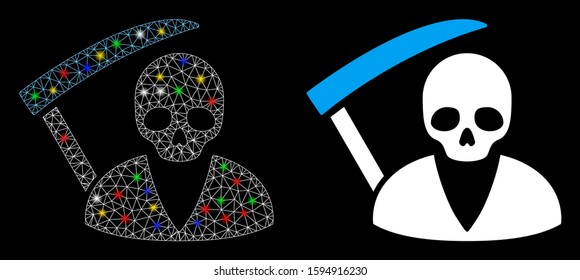 Bright mesh scytheman icon with glow effect. Abstract illuminated model of scytheman. Shiny wire frame triangular mesh scytheman icon. Vector abstraction on a black background.