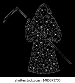 Bright mesh scytheman with lightspot effect. Abstract illuminated model of scytheman icon. Shiny wire frame triangular mesh scytheman. Vector abstraction on a black background.