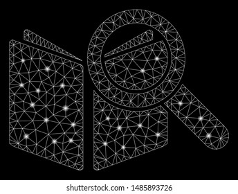 Bright mesh search book with glare effect. Abstract illuminated model of search book icon. Shiny wire frame polygonal network search book. Vector abstraction on a black background.