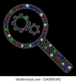 Bright mesh search gears tool with lightspot effect. White wire frame triangular mesh in vector format on a black background. Abstract 2d mesh designed with triangular lines, spheric points,