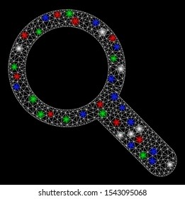 Bright mesh search tool with glow effect. White wire frame polygonal mesh in vector format on a black background. Abstract 2d mesh designed with polygonal grid, round dots, colorful flare spots.