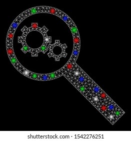 Bright mesh search tools with lightspot effect. White wire carcass triangular mesh in vector format on a black background. Abstract 2d mesh designed with polygonal grid, round dots,