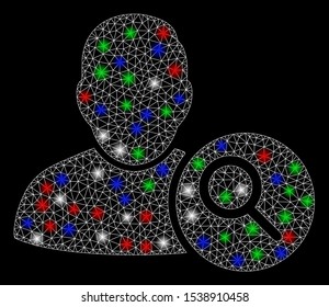 Bright mesh search user with glare effect. White wire carcass polygonal mesh in vector format on a black background. Abstract 2d mesh created from polygonal grid, small circle, colorful light spots.