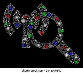 Bright mesh search Wi-Fi network with lightspot effect. White wire frame triangular mesh in vector format on a black background. Abstract 2d mesh designed with triangular lines, dots,