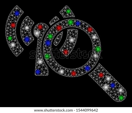 Bright mesh search Wi-Fi network with lightspot effect. White wire frame triangular mesh in vector format on a black background. Abstract 2d mesh designed with triangular lines, dots,