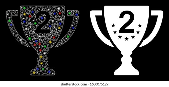 Bright mesh second place icon with glitter effect. Abstract illuminated model of second place. Shiny wire carcass polygonal mesh second place icon. Vector abstraction on a black background.