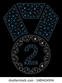 Bright mesh second place with lightspot effect. Abstract illuminated model of second place icon. Shiny wire carcass polygonal mesh second place. Vector abstraction on a black background.