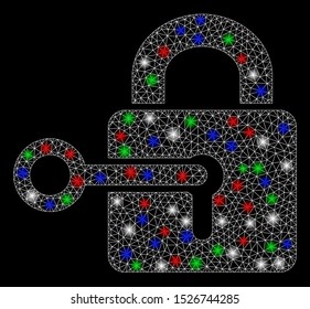 Bright mesh secrecy with glare effect. White wire frame polygonal mesh in vector format on a black background. Abstract 2d mesh designed with triangular lines, round dots, colored glare spots.