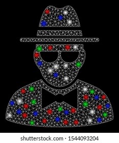 Bright mesh secret agent with lightspot effect. White wire carcass triangular mesh in vector format on a black background. Abstract 2d mesh designed with triangular lines, points,