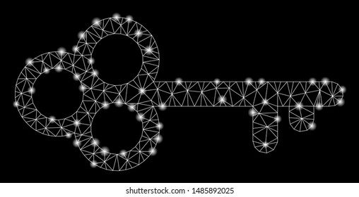 Bright mesh secret key with glow effect. Abstract illuminated model of secret key icon. Shiny wire frame polygonal mesh secret key. Vector abstraction on a black background.