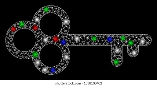 Bright mesh secret key with lightspot effect. White wire frame triangular mesh in vector format on a black background. Abstract 2d mesh designed with polygonal grid, points, colorful light spots.