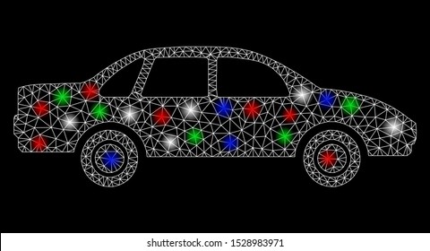 Bright mesh sedan car with glare effect. White wire frame polygonal mesh in vector format on a black background. Abstract 2d mesh built from polygonal grid, spheric points, colored glare spots.