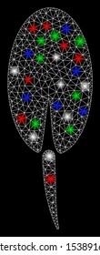 Bright mesh seed root with lightspot effect. White wire carcass polygonal mesh in vector format on a black background. Abstract 2d mesh designed with polygonal grid, dots, colored light spots.