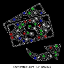 Bright mesh send money with lightspot effect. White wire frame polygonal mesh in vector format on a black background. Abstract 2d mesh designed with triangles, small circle, colorful glare spots.